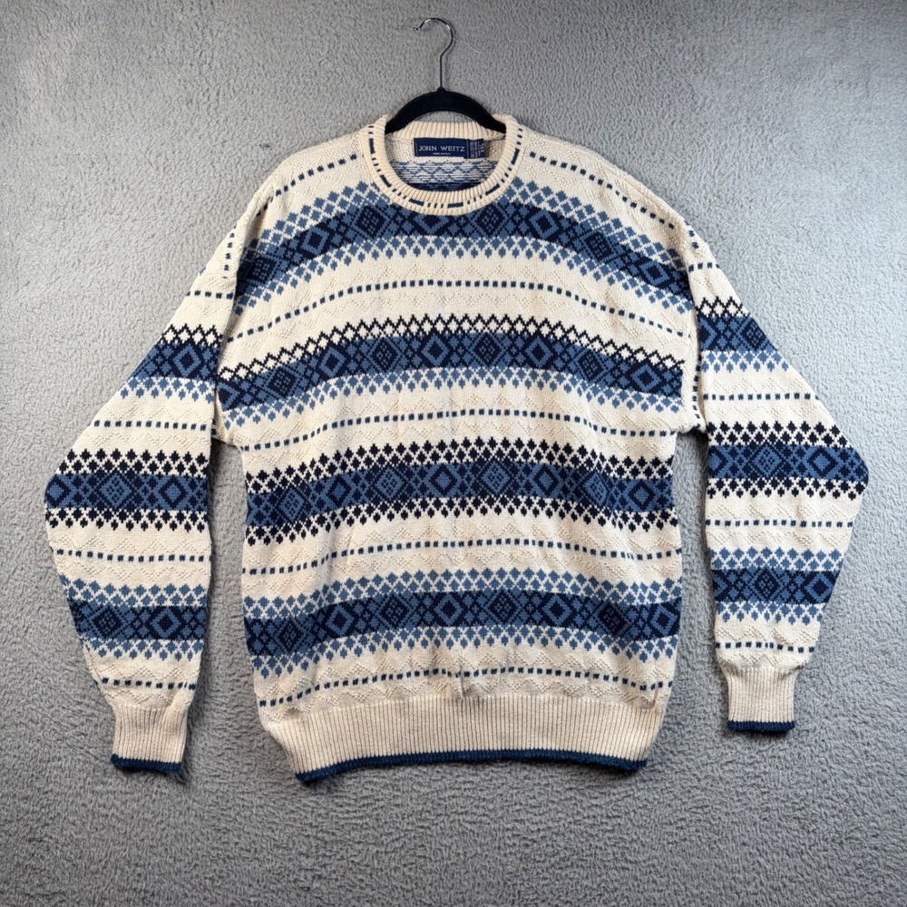 VTG John Weitz Mens XXL Blue Cream Fair Isle Cotton Knit Sweater USA Grandpacore